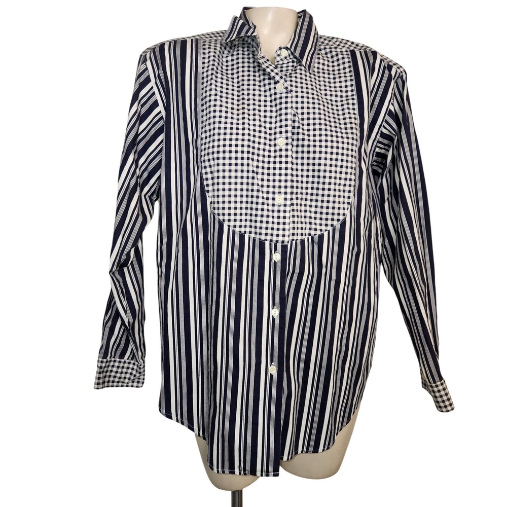 Bugle Boy Mixed Pattern Striped Gingham Bib Front Button Down Shirt Navy White M